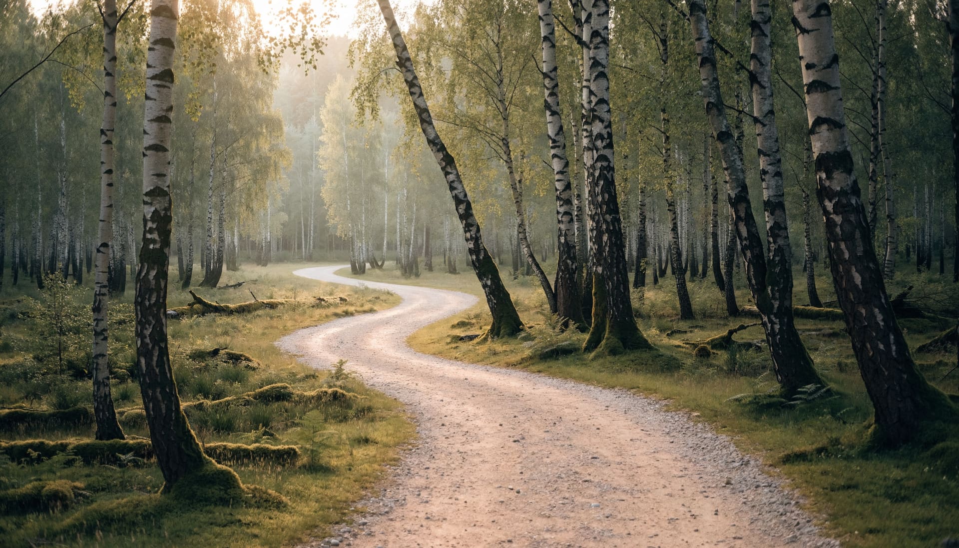 Polku koivumetsässä aamuvalossa (kuvituskuva)