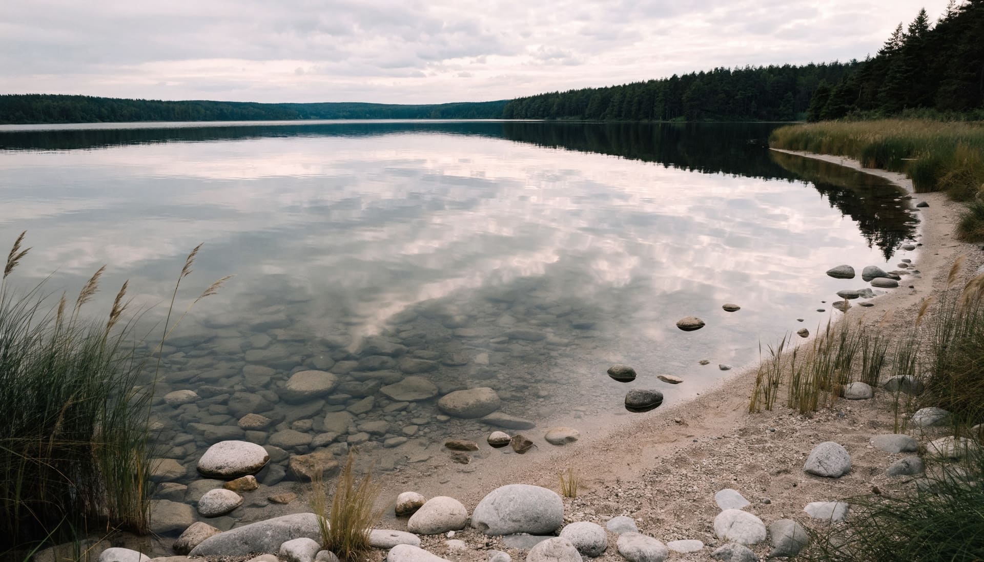 Tyyni järvenranta, kiviä ja kaislikkoa (kuvituskuva)
